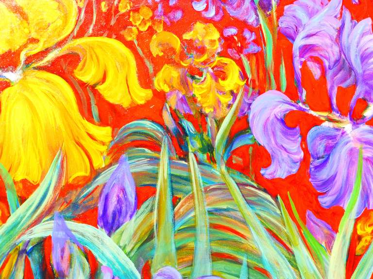 Iris Garden is a painting made by Evelyne Ballestra, a French contemporary artist. This piece is a part of a flower series, defined by their distinct bright colors, satiny, silky, vibrating materials and form. The flower series is reminiscent of the