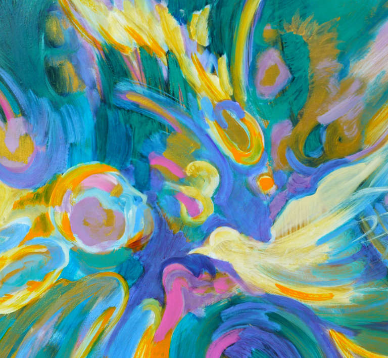 La colomba della pace è un dipinto astratto realizzato da Evelyne Ballestra, una pittrice contemporanea francese. Questo dipinto espressionista di colore verde, blu e giallo rappresenta l'idea di pace dell'artista, simboleggiata da un uccello: la