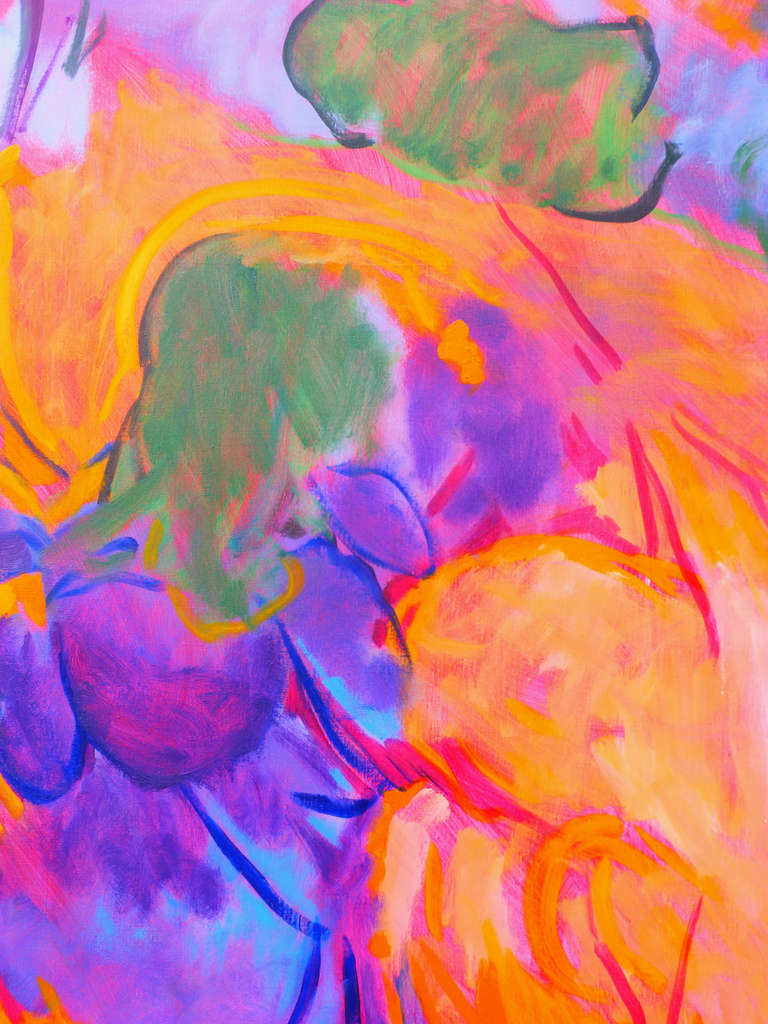 Spring sudden shower is a painting made by Evelyne Ballestra, a French contemporary artist. This orange, blue and purple tons expressionist painting is the colorful abstract representation of a downpour during the spring.

Ballestra expresses a