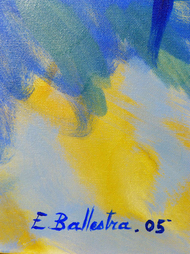 Samba ist ein Gemälde von Evelyne Ballestra, einer zeitgenössischen französischen Künstlerin. In diesem blau-gelben expressionistischen Gemälde stellt der Künstler einen Speerwerfer dar. Als sie den Sportler beobachtete, sah sie seine Bewegungen wie