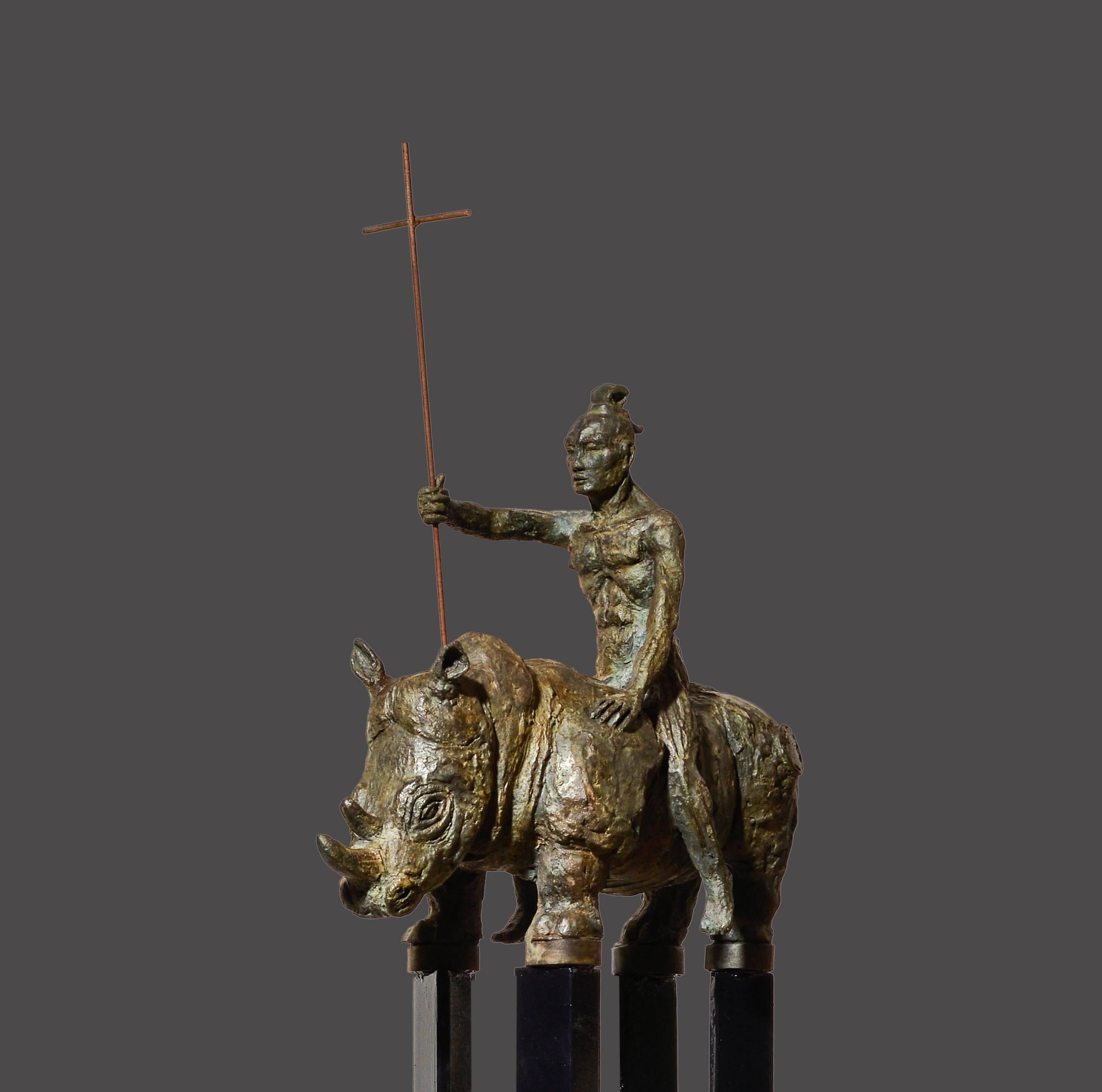 Seven Samurais - Rhino Contemporary Bronze Collection - Gold Figurative Sculpture by Mariko