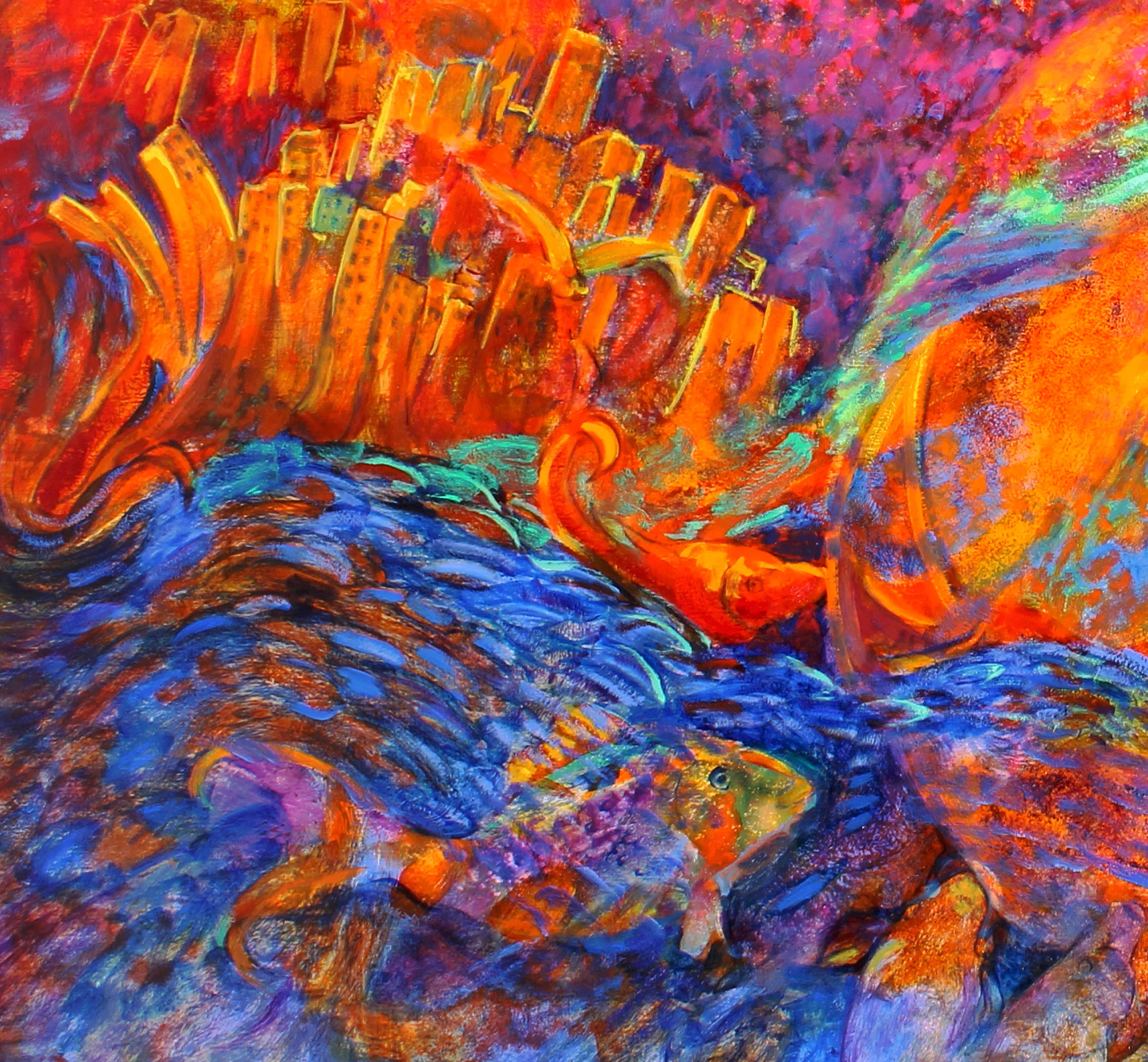 Magic World ist ein abstraktes Gemälde von Evelyne Ballestra, einer zeitgenössischen französischen Malerin. Dieses farbenfrohe expressionistische Gemälde spiegelt die Art und Weise wider, wie der Künstler die Welt sieht, als ein Gewirr von Gebäuden,