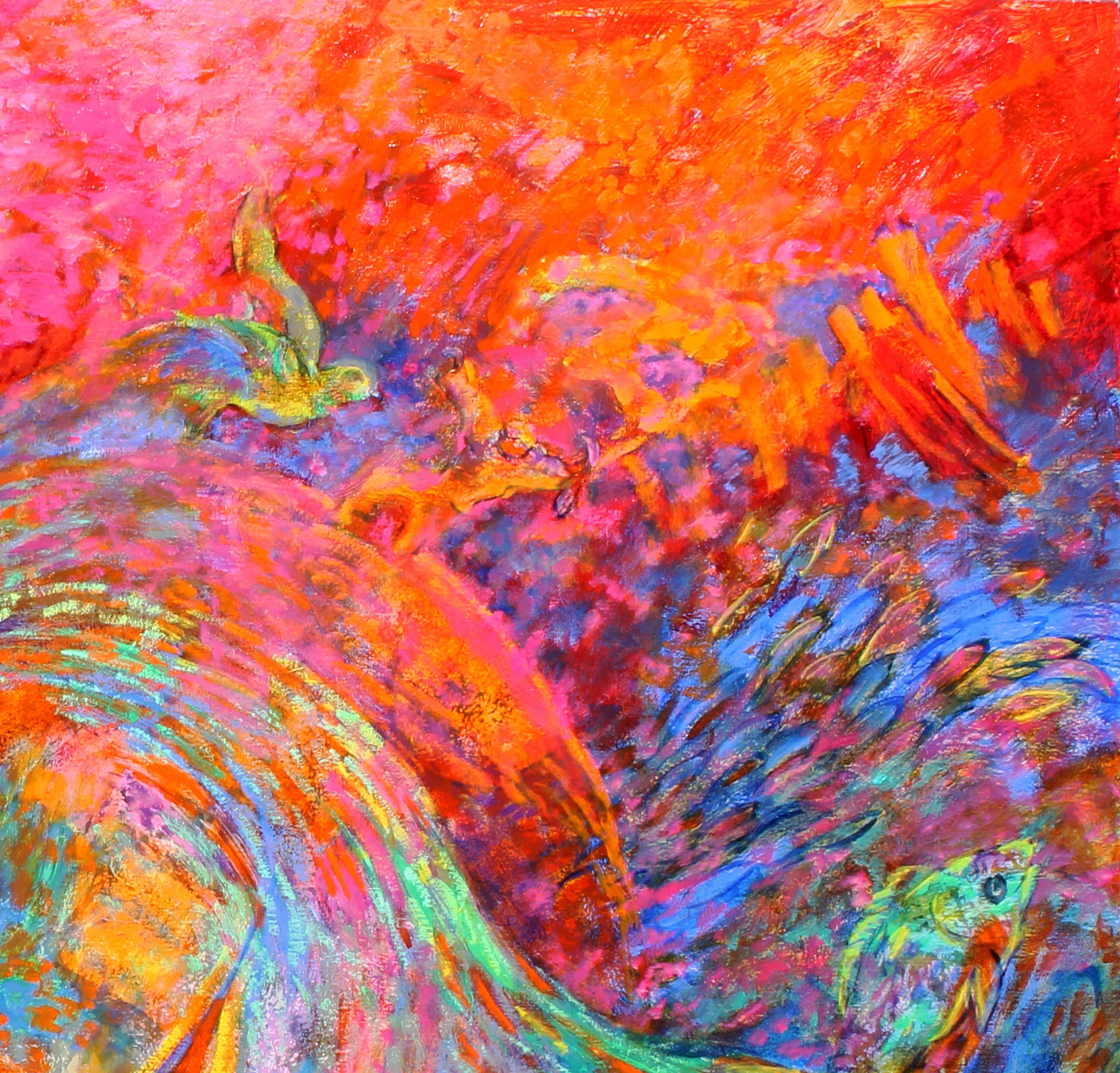 Magic World is a abstract painting made by Evelyne Ballestra, a French contemporary painter. This colorful expressionist painting is the reflection of the way the artist see the world, as a swirling with buildings, sea and fishes,