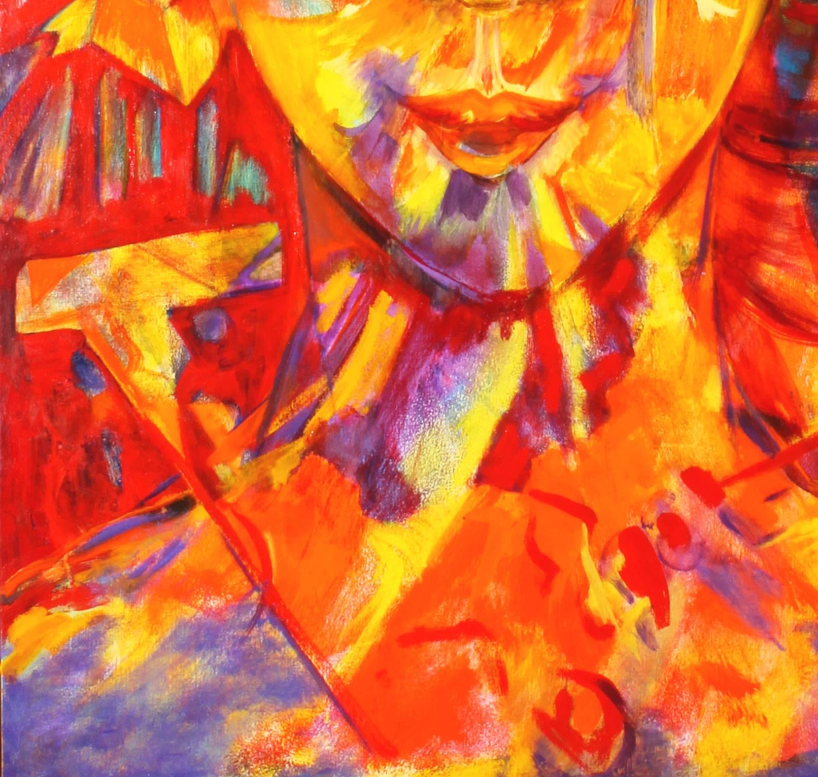 My Best Friend ist ein Gemälde von Evelyne Ballestra, einer zeitgenössischen französischen Künstlerin. Dieses orangefarbene und gelbe expressionistische Gemälde ist die Darstellung des anderen Ichs des Künstlers, einer unveränderlichen Präsenz, die