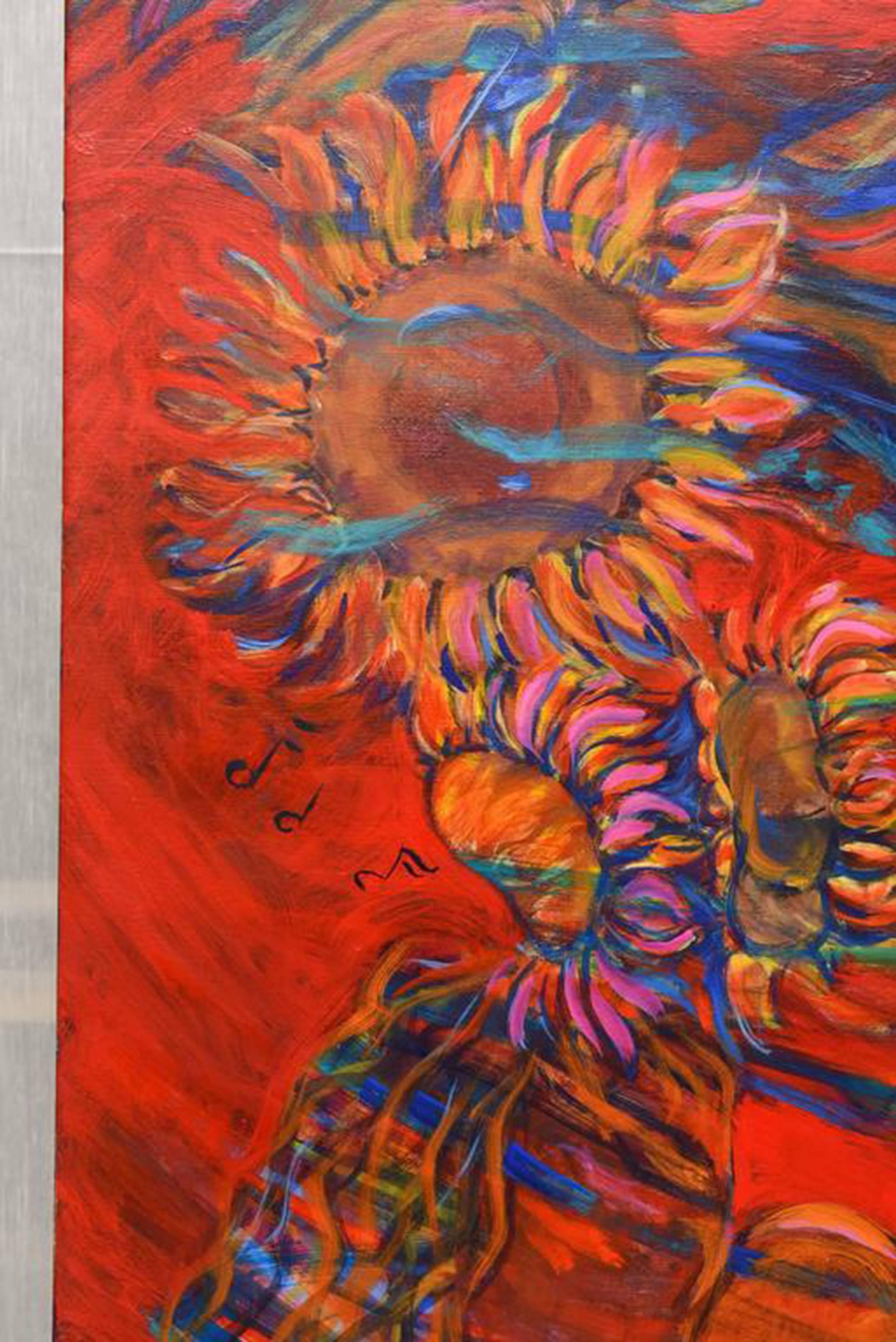 Swirling is a painting made by Evelyne Ballestra, a French contemporary artist. This piece is a part of a flower series, defined by their distinct bright colors, satiny, silky, vibrating materials and form. In this particular piece, the artist melt