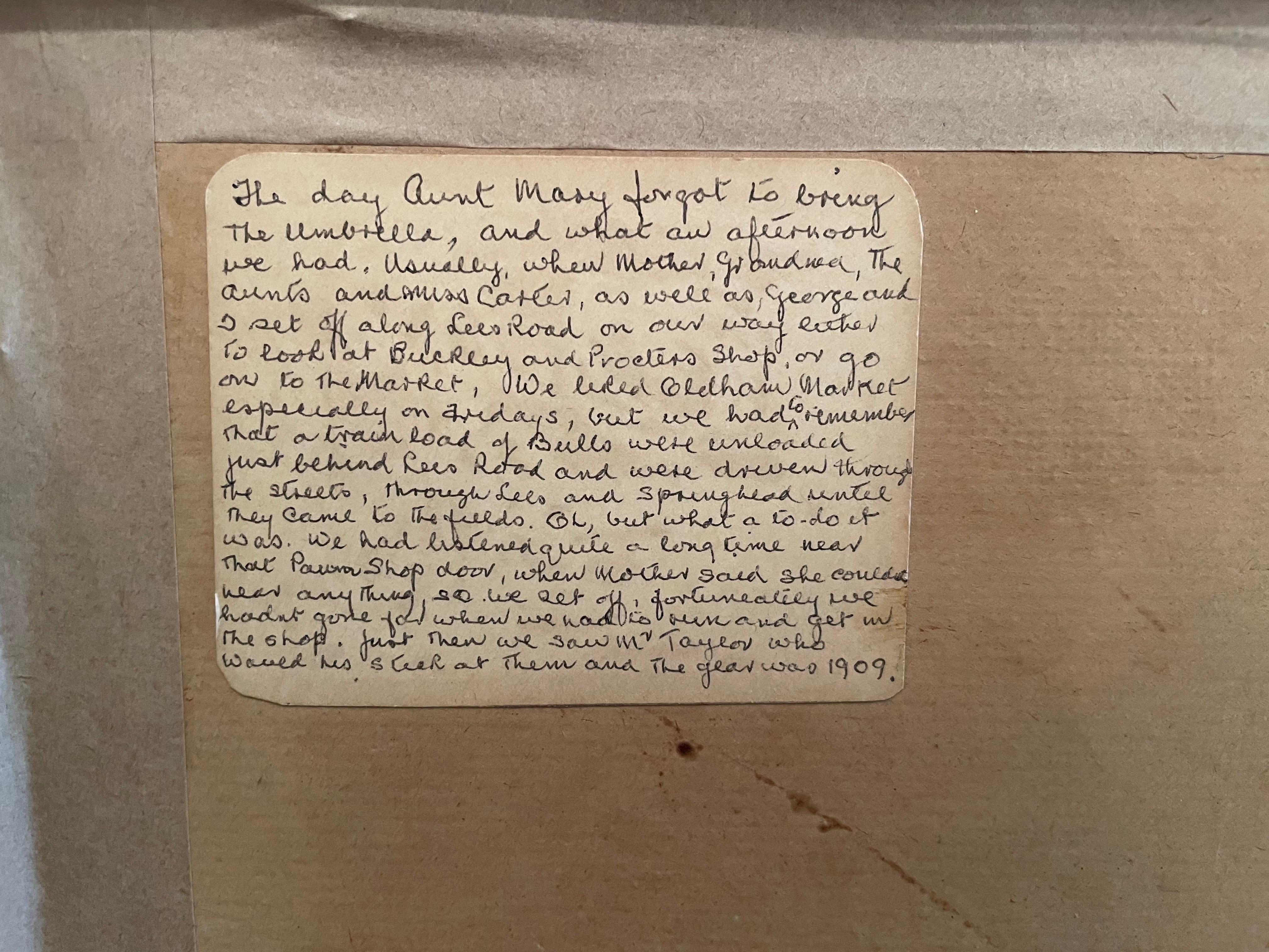 Tante Mary trifft auf einen Stier 
von Helen Bradley 
Britisch 1900-1979 

Öl auf Karton 
Signiert unten rechts

Tafelgröße: 9,5 x 13,5 Zoll 
Gerahmte Größe: 16 x 20 Zoll 
