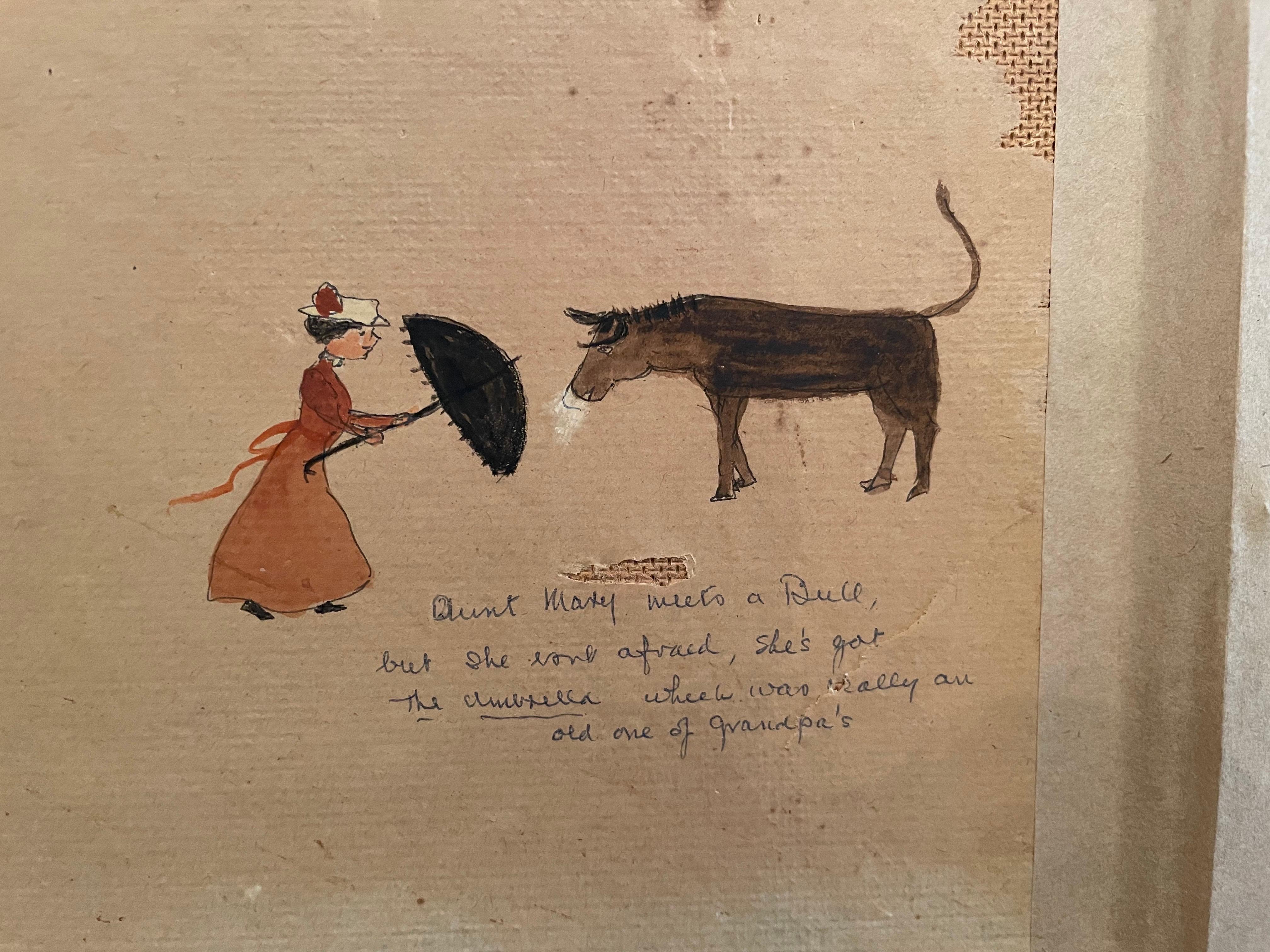 Tante Mary trifft auf einen Stier (Beige), Figurative Painting, von Helen Bradley