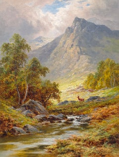 Deer Grazing by a Highland Stream