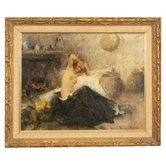 Antique Italian Realism Verismo Oil on Canvas Painting Female Nude Ex-Christie's