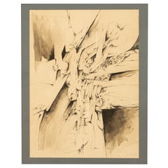 Italian Mid Century Abstract Modernist Ink & Watercolor Painting "Fragmentation"