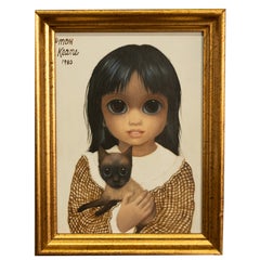 Authentic Oil Painting on Panel "Big Eyes" Beautiful Young Girl with Siamese Cat