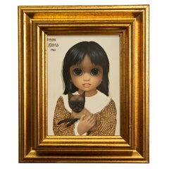 Authentic Oil Painting on Panel "Big Eyes" Beautiful Young Girl with Siamese Cat