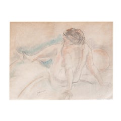 French Expressionist Original Colored Drawing Painting Seated Young Female Nude