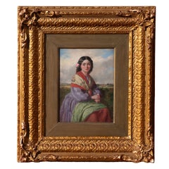 Dipinto a olio antico del XIX secolo, in stile realista, raffigurante il paesaggio e il ritratto di una bellissima giovane donna