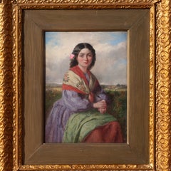 Dipinto a olio antico del XIX secolo, in stile realista, raffigurante il paesaggio e il ritratto di una bellissima giovane donna