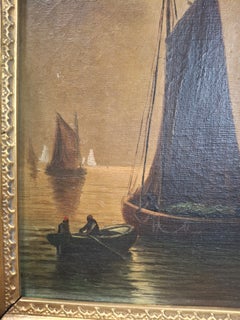 Peinture marine antique de style tonaliste intitulée « English Fishing Boats », de G. Martin