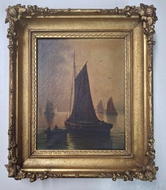 Peinture marine antique de style tonaliste intitulée « English Fishing Boats », de G. Martin