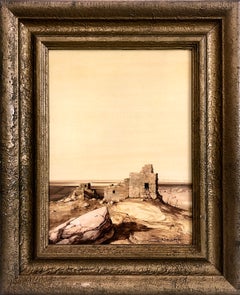 Pintura realista occidental de unas ruinas de piedra de un pueblo del suroeste