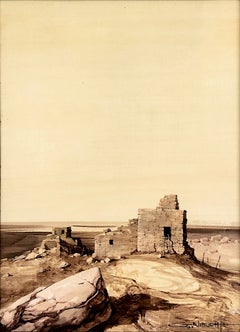 Pintura realista occidental de unas ruinas de piedra de un pueblo del suroeste