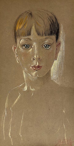 A Young Girl’s Portrait in Pastels, Chalk and Charcoal on Paper, Signed