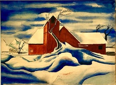 Une scène hivernale à la campagne, peinte à l'aquarelle