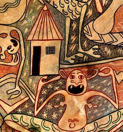 Tanzanian Spirits on a Painted and Carved Circular Wood Relief, Signed