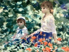 Impressionist Painting of Young Girls in a Garden, Signed