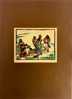 Set di due stampe originali su legno raffiguranti la vita a Tahiti durante la Seconda Guerra Mondiale, firmate