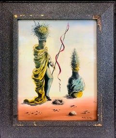 Dipinto surrealista teatrale della metà del secolo, firmato
