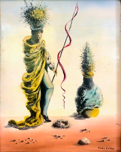 Cuadro surrealista de estilo teatral de mediados de siglo, firmado