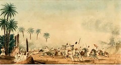 Aquarelle orientaliste du XIXe siècle représentant une scène de bataille : « Une sortie — par la cavalerie à Tripoli »