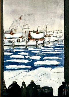 Amerikanischer Impressionist: Winterlandschaft im Nordosten (Aquarell)