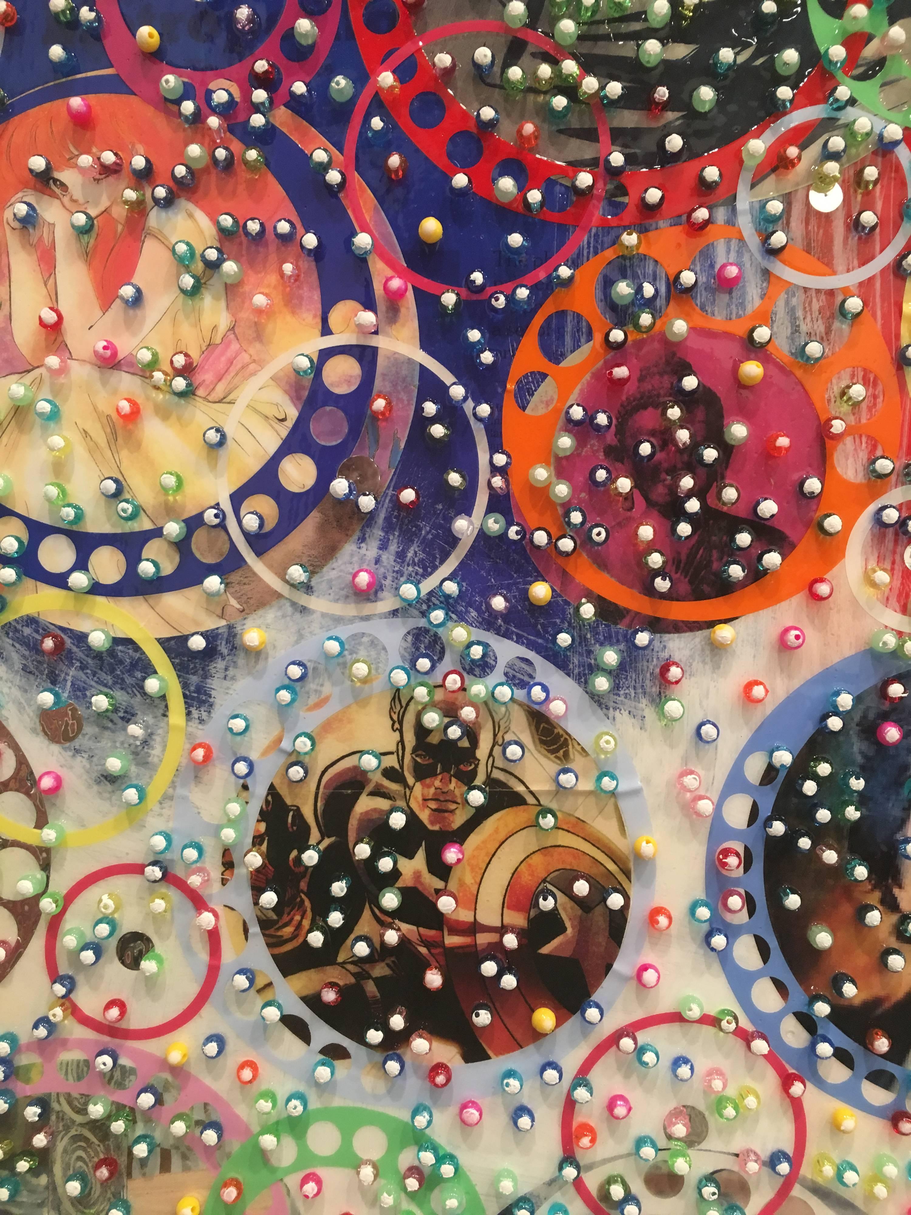 Born in Japan, Nobu Fukui lives and works in New York. Inspired by the Action painters, Fukui creates currents of color and dimension on surfaces that incorporate cut paper, painted beads and paint. From a distance, Fukui's collage paintings read as