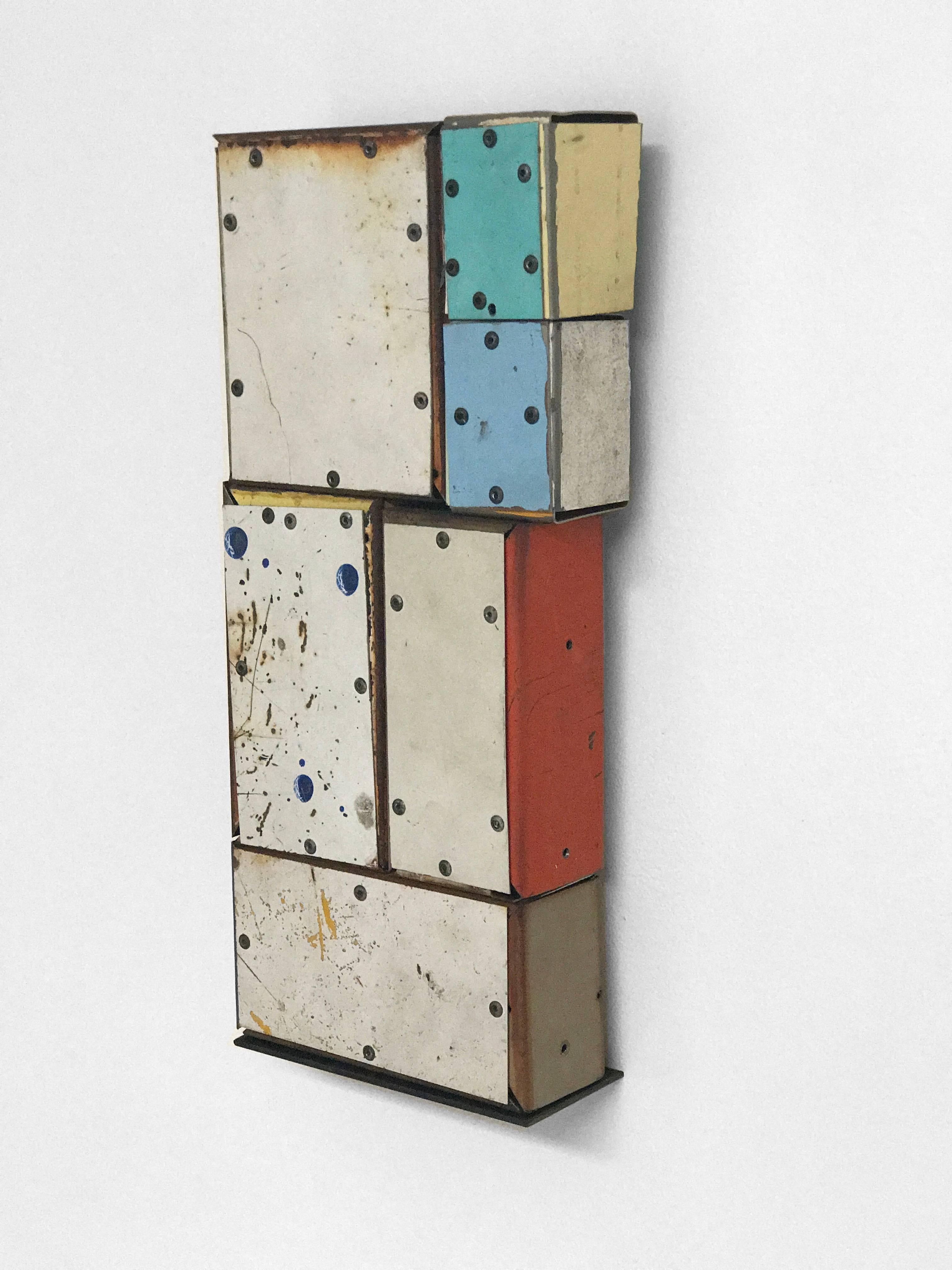 Ted Larsen's Long Shorts is a hard-edged sculptural, mixed media, painting. Primary colors include rustic whites and hues of blue, green, red, taupe and yellow. New Routine is Constructivist, Bauhaus, Abstract Geometric, Contemporary and Cubist