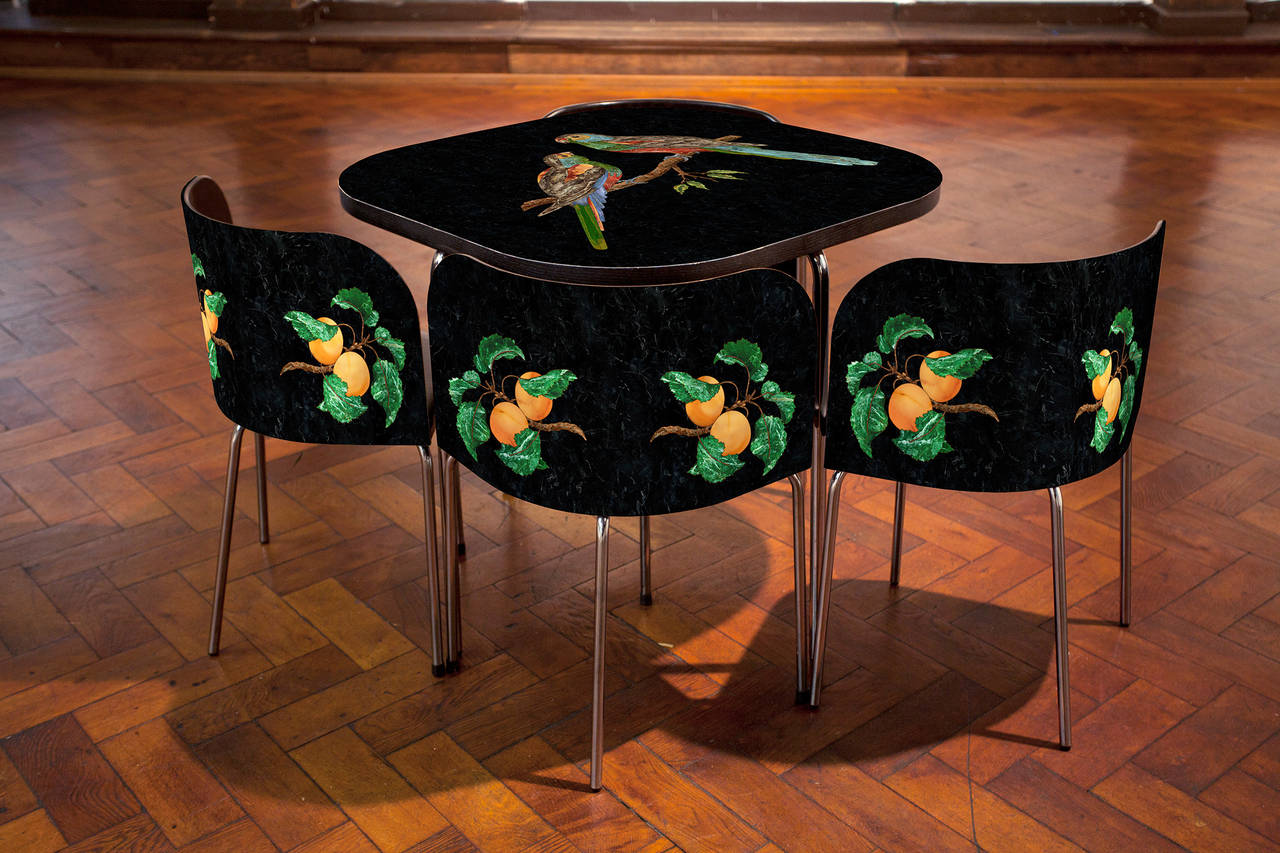 Pietre Dure, FUSION Table and Chairs, The Paradise Parrot - Mixed Media Art by Gary Carsley