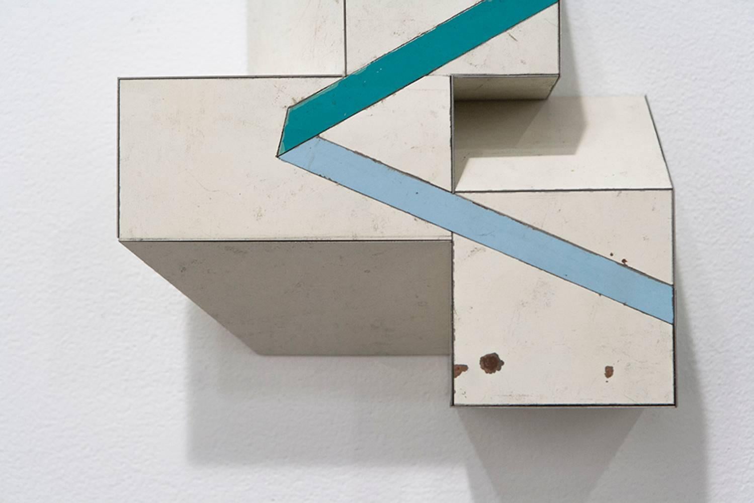 Ted Larsen's Peace Force is a hard-edged sculptural, mixed media painting. Primary colors include white and hues of blue.Peace Force is graphic, architectural, minimalist, constructivist, Bauhaus, abstract geometric, contemporary and cubist