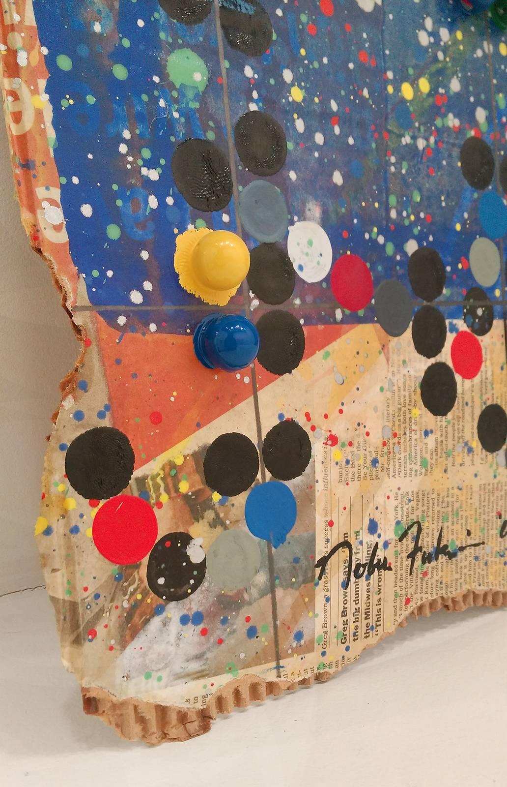 Nobu Fukui's Feast of Prokofiev is primarily blue, white, yellow, taupe with red, black and green dots. 

Born in Japan, Nobu Fukui lives and works in New York. Inspired by the Action painters, Fukui creates currents of color and dimension on