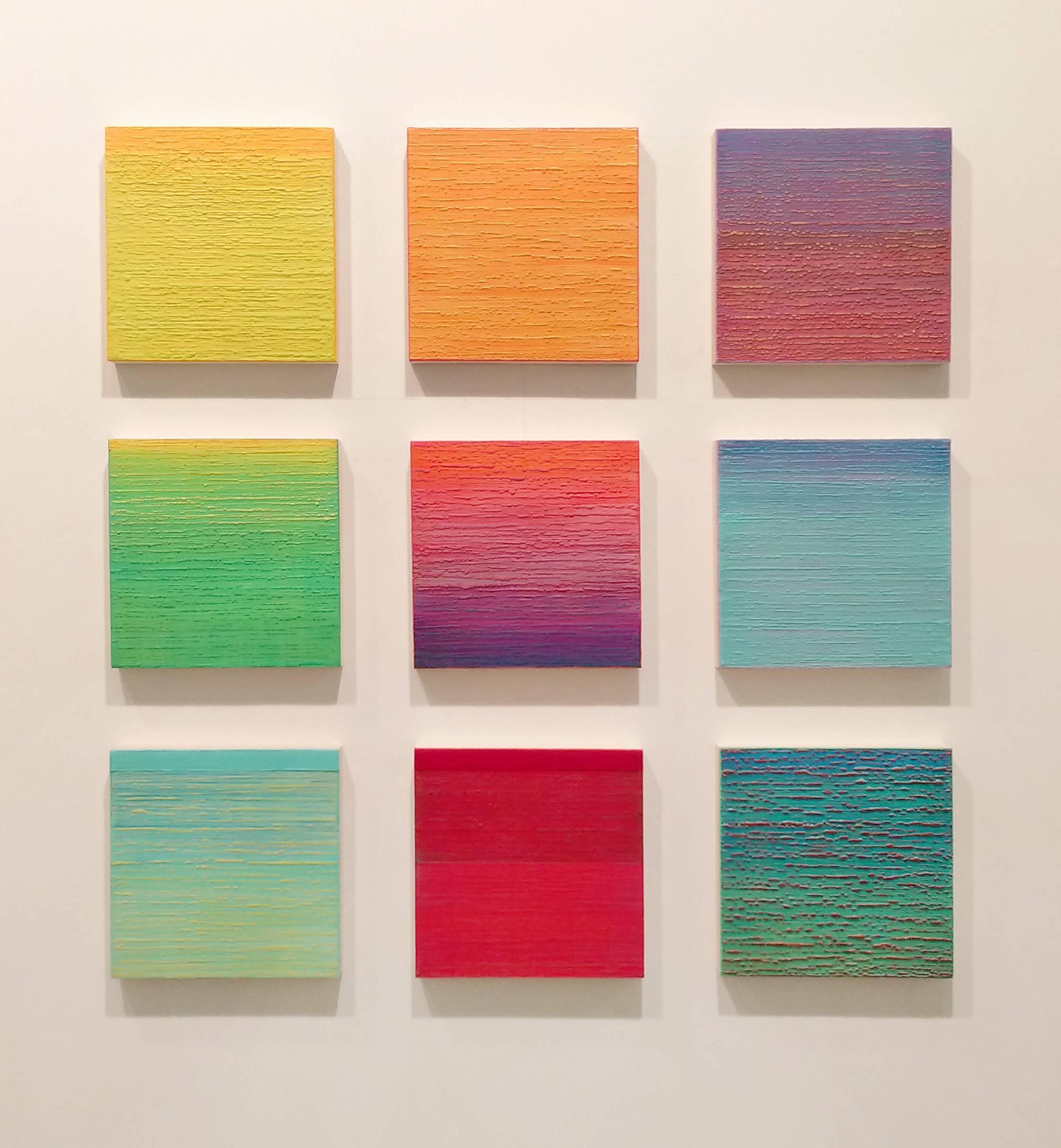 Joanne Mattera's Silk Road 362 is primarily light teal with stripes of yellow across the surface.

Succulent in color and reductive or repetitive in composition, Joanne Mattera’s ongoing Silk Road series of paintings are achieved by manipulating
