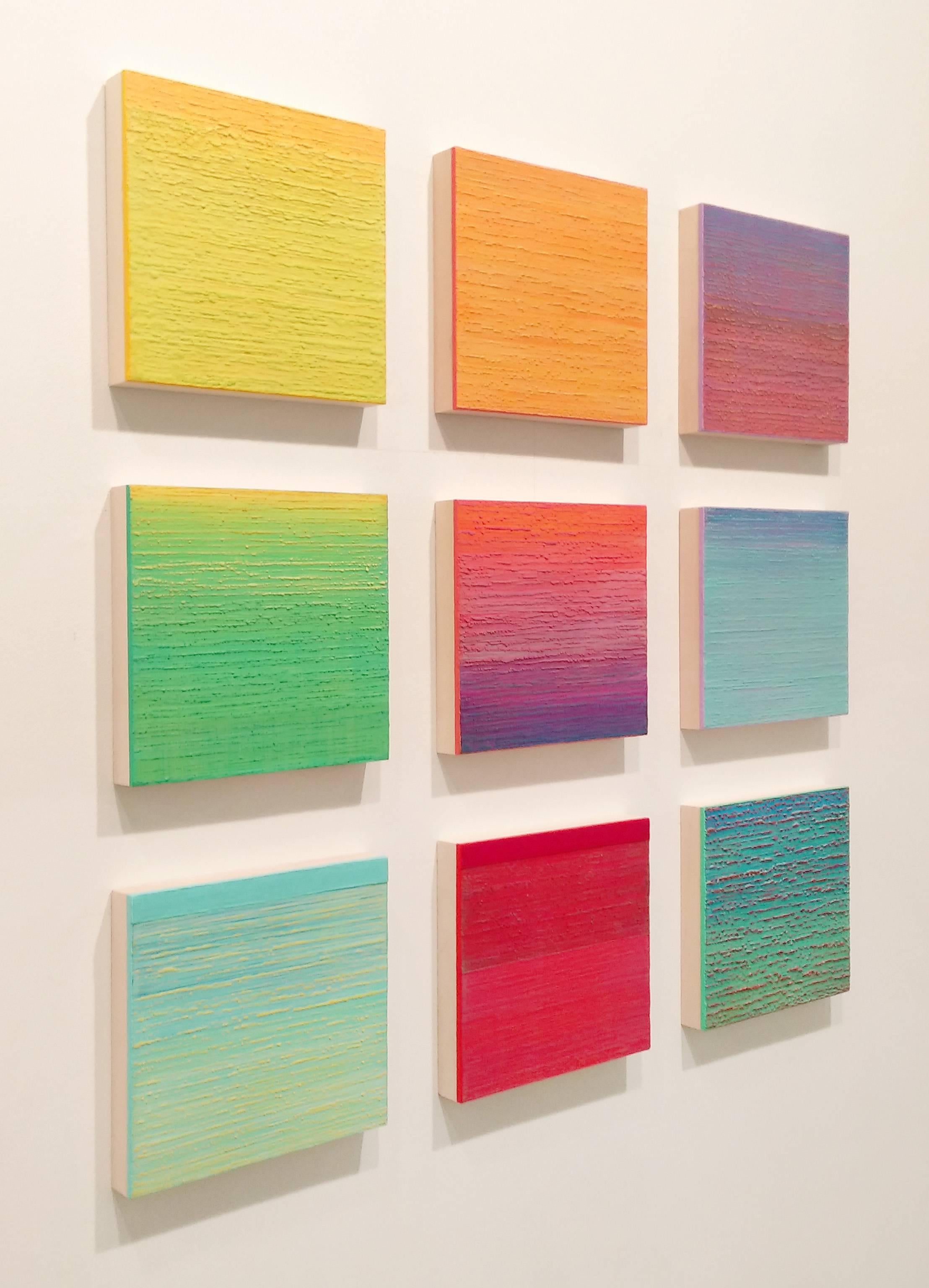 Joanne Mattera's Silk Road 368 is primarily pink, orange, lavender and purple. 

Succulent in color and reductive or repetitive in composition, Joanne Mattera’s ongoing Silk Road series of paintings are achieved by manipulating layers of translucent