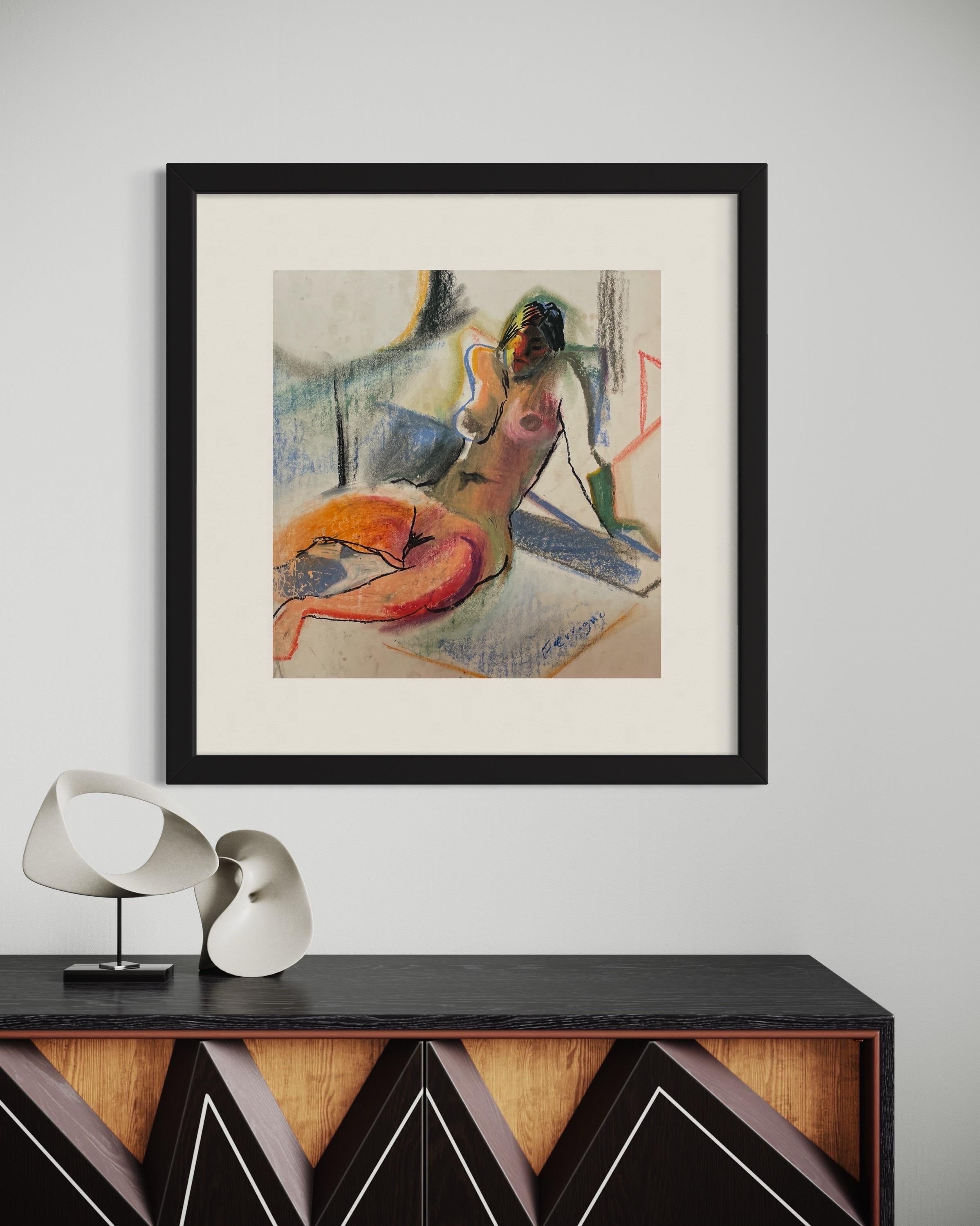 'Pastel Repose' -  Reclining  Young Nude
Woman - 1970's Oil Pastel on Paper  - Painting by Chris Ferrigno