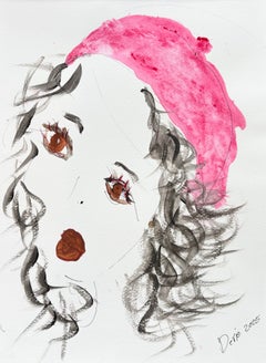 « Béret rose », portrait minimaliste contemporain, acrylique et encre, œuvre originale signée