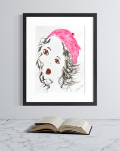 « Béret rose », portrait minimaliste contemporain, acrylique et encre, œuvre originale signée
