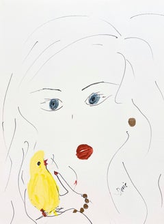 Io e il mio pappagallino, ritratto contemporaneo originale, inchiostro e acrilico, uccellino giallo