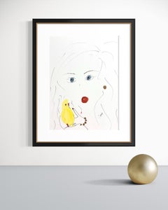 Mon inséparable et moi, portrait contemporain original, encre et acrylique, oiseau jaune