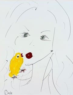« Little Yellow Bird », dessin de portrait contemporain, techniques mixtes, œuvre originale signée