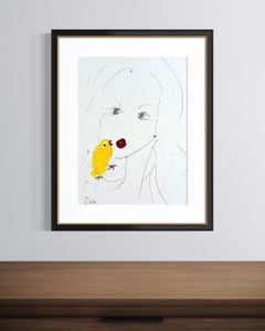 « Little Yellow Bird », dessin de portrait contemporain, techniques mixtes, œuvre originale signée