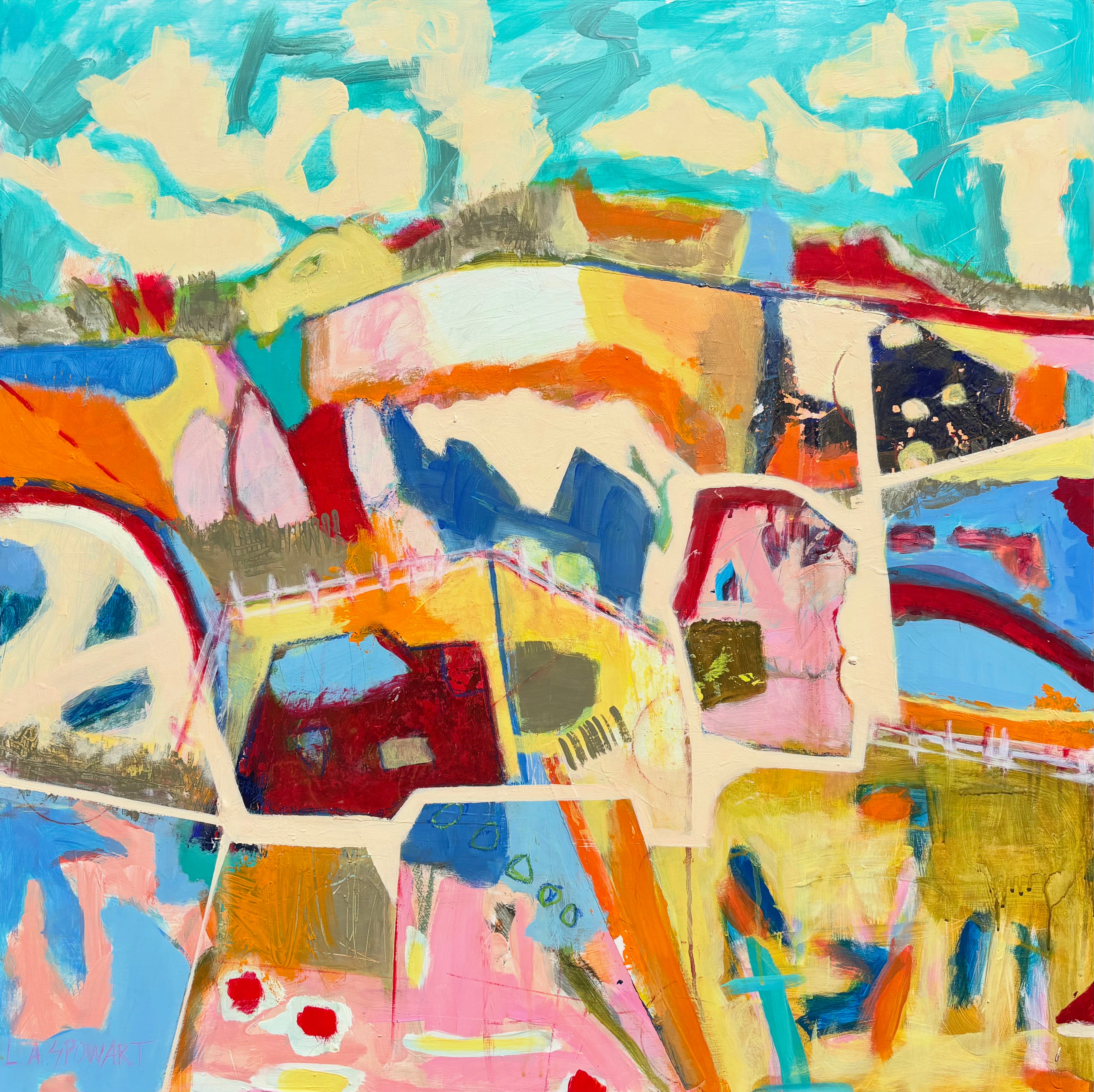 Happy Hills I, Vibrant Colorful Abstract Painting on Wood, Mixed Media, Original