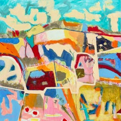 Happy Hills I, Vibrant Colorful Abstract Painting on Wood, Mixed Media, Original