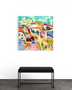 Happy Hills I, Vibrant Colorful Abstract Painting on Wood, Mixed Media, Original