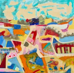 «Happy Hills II»: pintura abstracta contemporánea y colorida, técnica mixta sobre panel